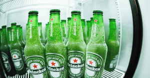 An image of cold Heineken in the fridge