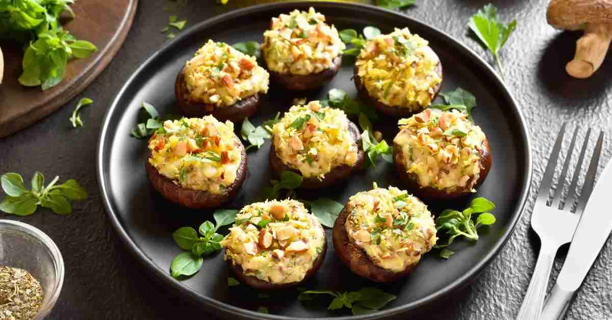 A top view image of plate full with mushroom dish following gluten-free stuffed mushroom recipes