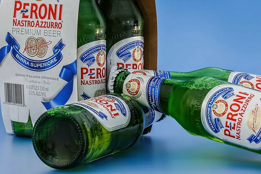 Several Peroni Nastro Azzurro bottled beers