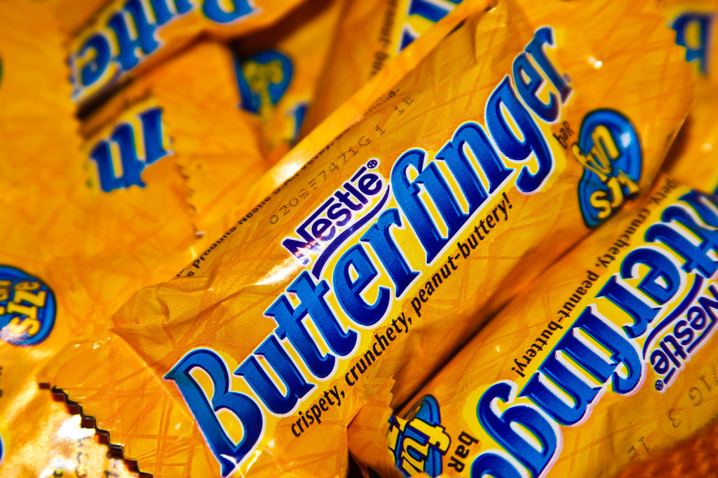 A bunch of Nestle Butterfinger chocolate bars