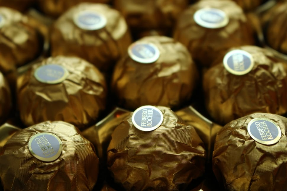 A closeup image of Ferrero Rocher Chocolate Ball focusing on the stickers
