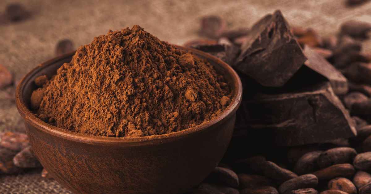 Is Cocoa Gluten-Free? An image of bowl of cocoa powder and cocoa beans